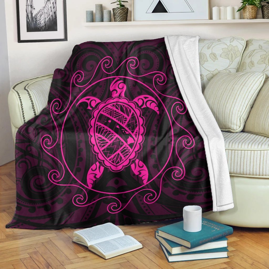 Hawaiian Map Turtle Wave Polynesian Premium Blankets Pink - AH White - Polynesian Pride