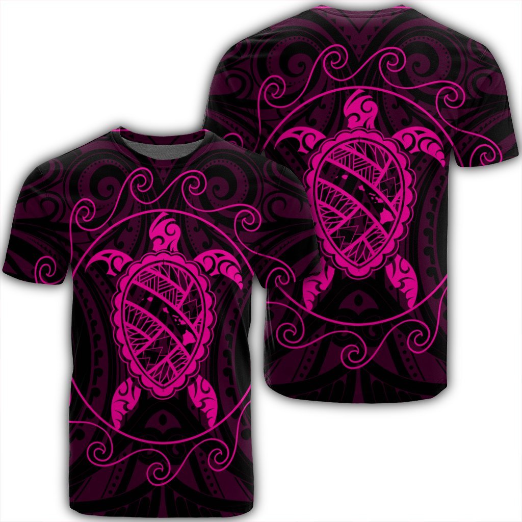 Hawaiian Map Turtle Wave Polynesian T Shirt Pink AH Unisex Black - Polynesian Pride