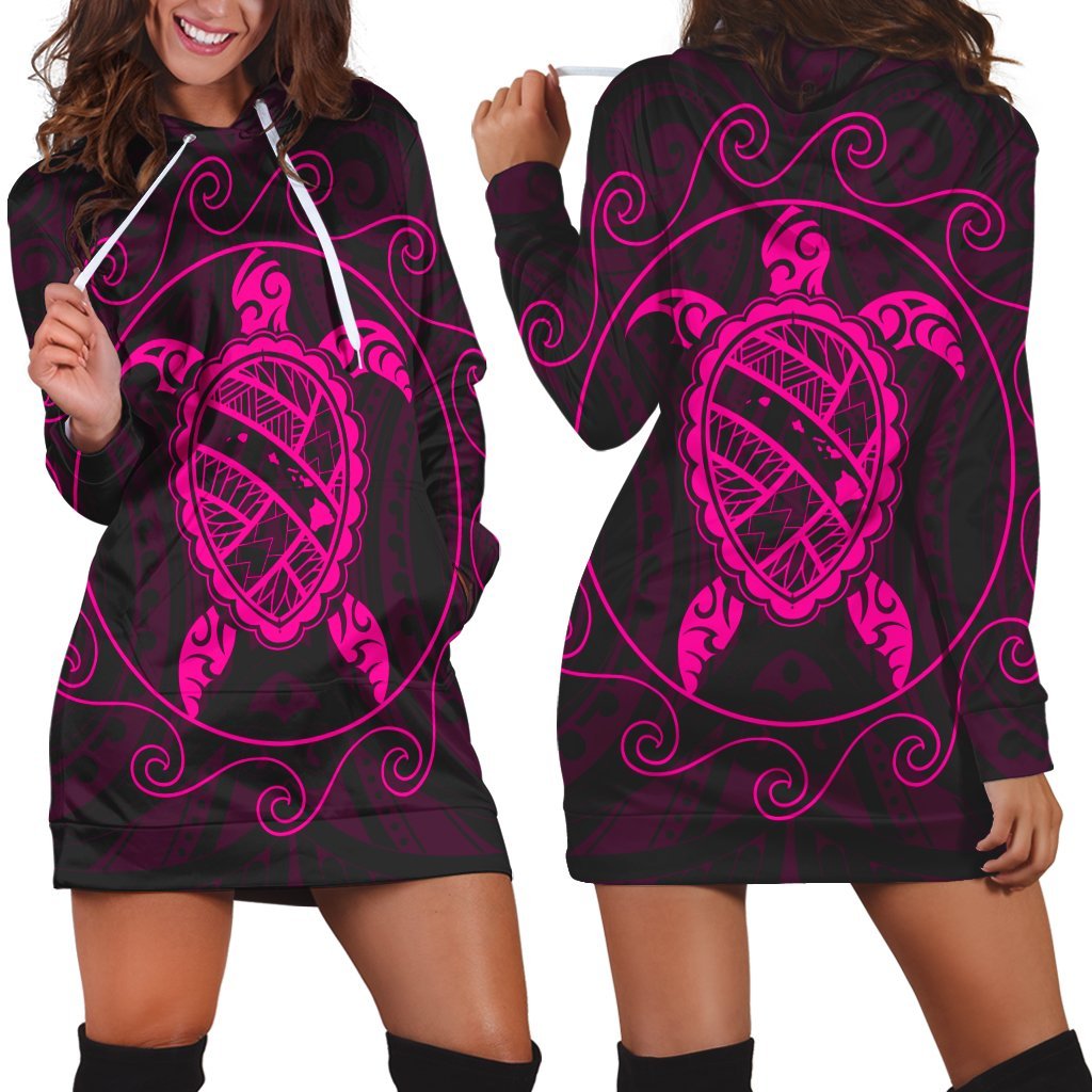 Hawaiian Map Turtle Wave Polynesian Hoodie Dress Pink - AH Black - Polynesian Pride