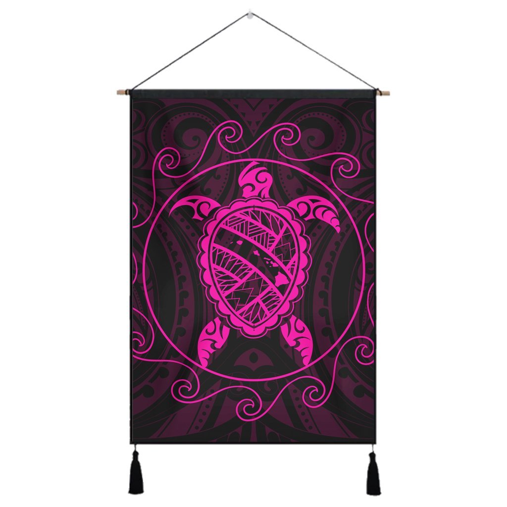 Hawaiian Map Turtle Wave Polynesian Hanging Poster Pink - AH Hanging Poster Cotton And Linen - Polynesian Pride