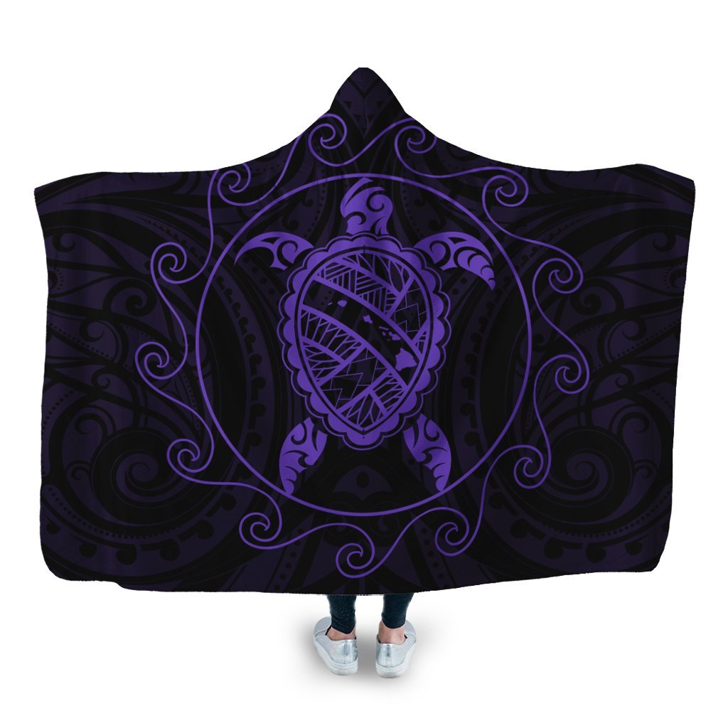 Hawaiian Map Turtle Wave Polynesian Hooded Blanket Purple - AH Hooded Blanket White - Polynesian Pride