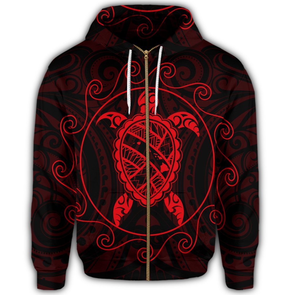 Hawaiian Map Turtle Wave Polynesian Zip Hoodie Red - Polynesian Pride