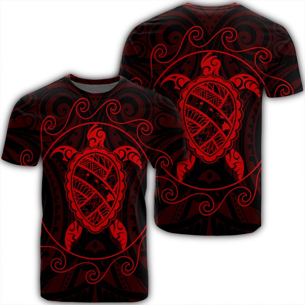 Hawaiian Map Turtle Wave Polynesian T Shirt Red AH Unisex Black - Polynesian Pride