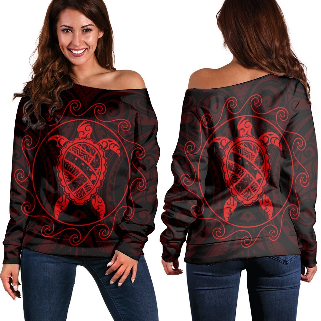 Hawaiian Map Turtle Wave Polynesian Women's Off Shoulder Sweater Red - AH Black - Polynesian Pride