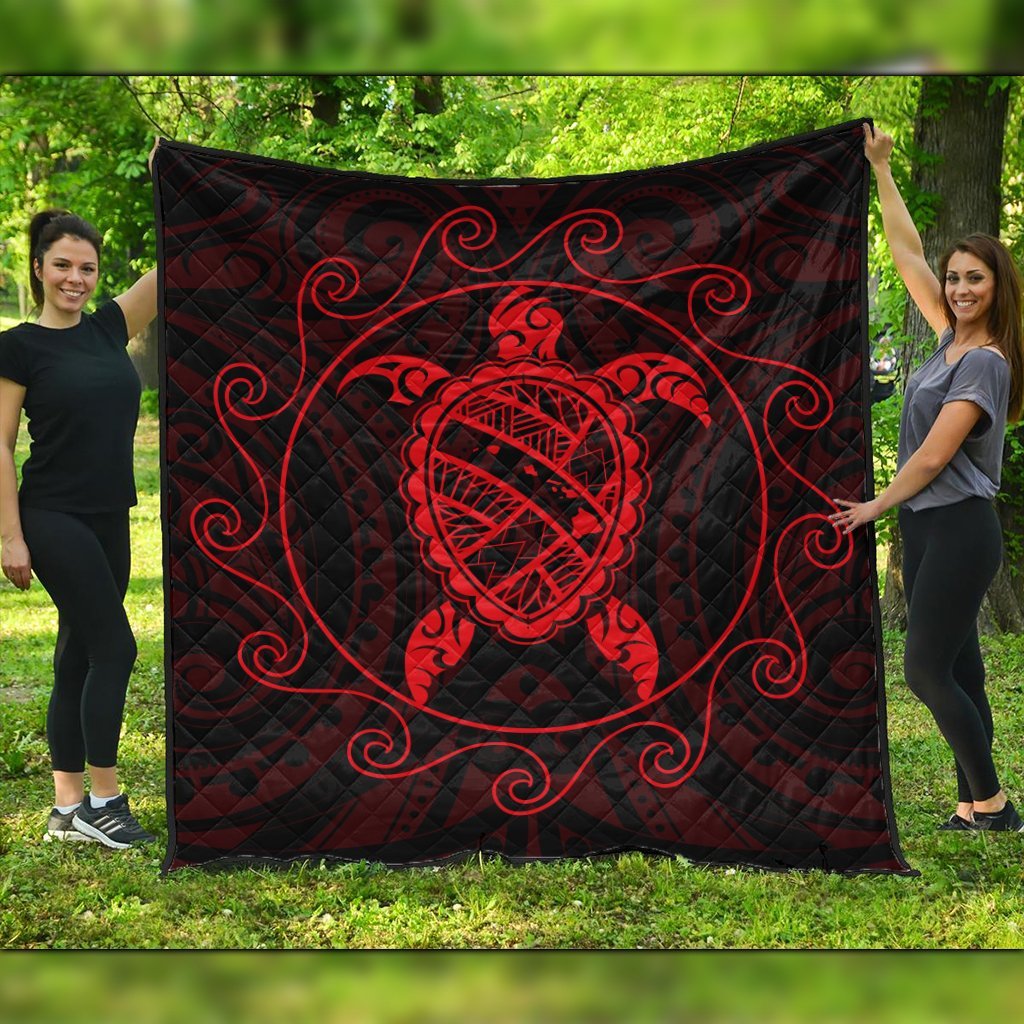 Hawaiian Map Turtle Wave Polynesian Premium Quilts Red - AH Black - Polynesian Pride