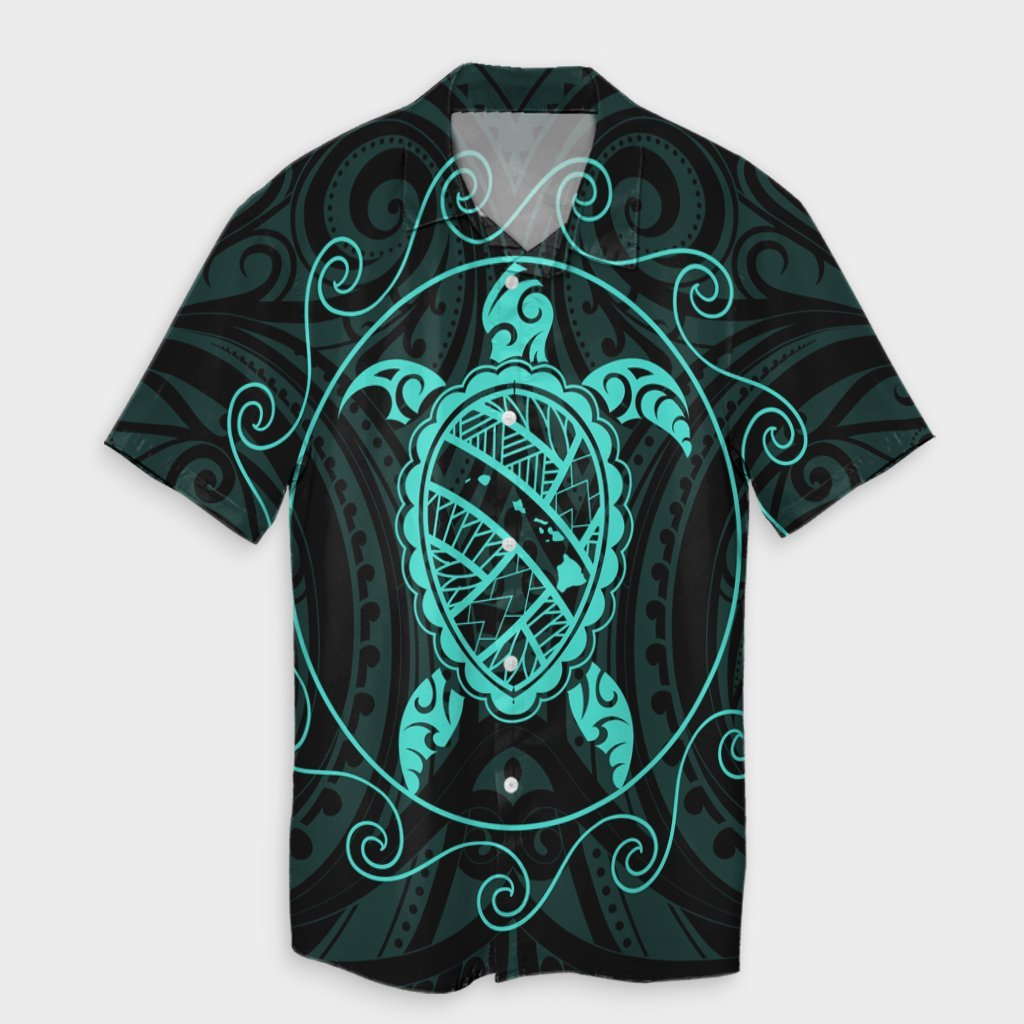 Hawaiian Map Turtle Wave Polynesian Hawaiian Shirt Turquoise - AH Unisex Black - Polynesian Pride