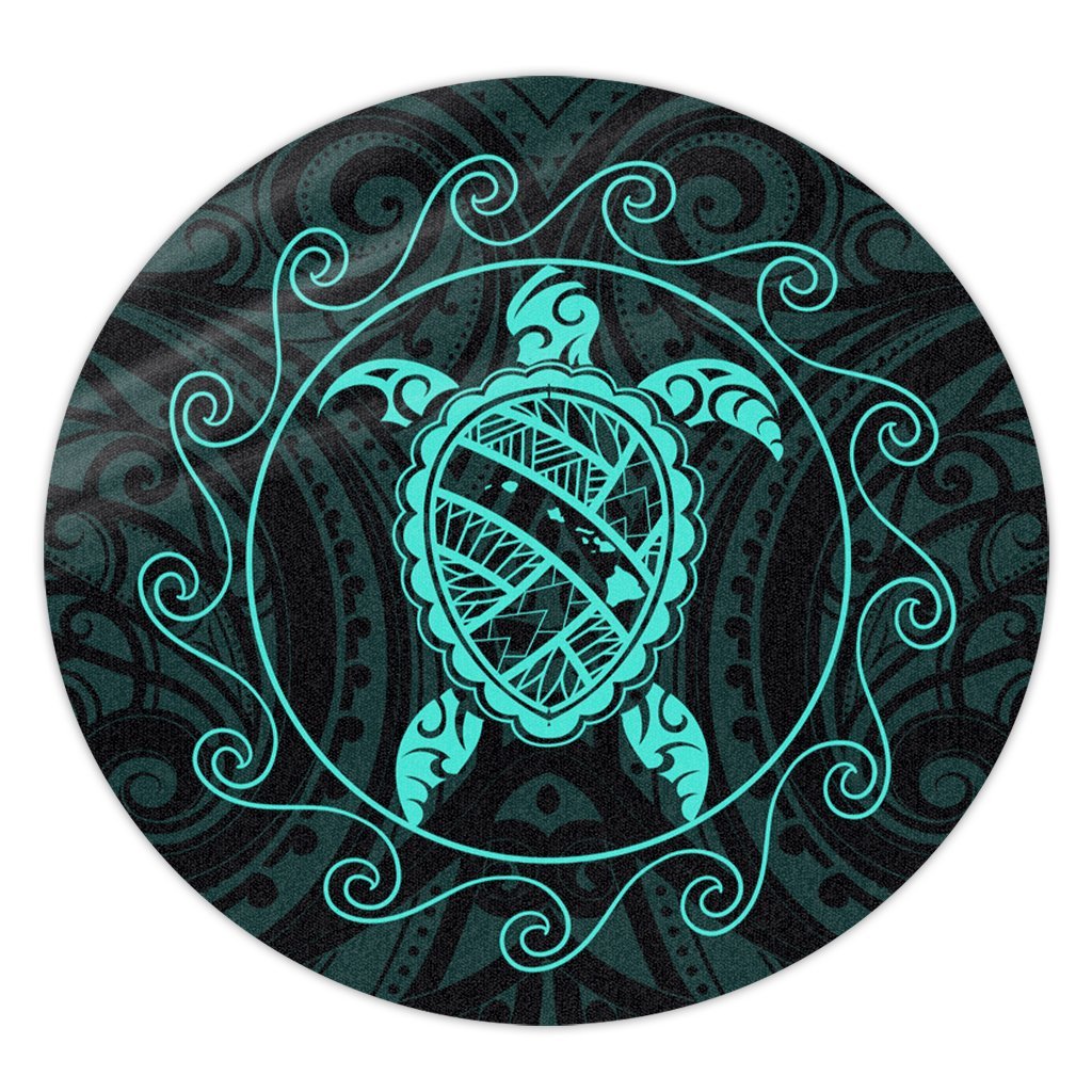 Hawaiian Map Turtle Wave Polynesian Round Carpet Turquoise - AH Round Carpet Luxurious Plush - Polynesian Pride