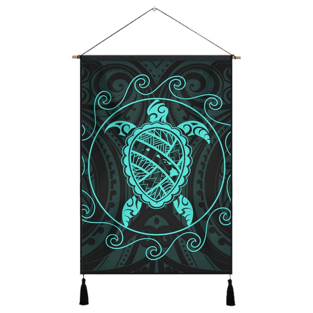 Hawaiian Map Turtle Wave Polynesian Hanging Poster Turquoise - AH Hanging Poster Cotton And Linen - Polynesian Pride