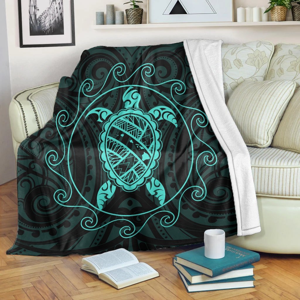 Hawaiian Map Turtle Wave Polynesian Premium Blankets Turquoise - AH White - Polynesian Pride