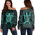 Hawaiian Map Turtle Wave Polynesian Women's Off Shoulder Sweater Turquoise - AH Black - Polynesian Pride