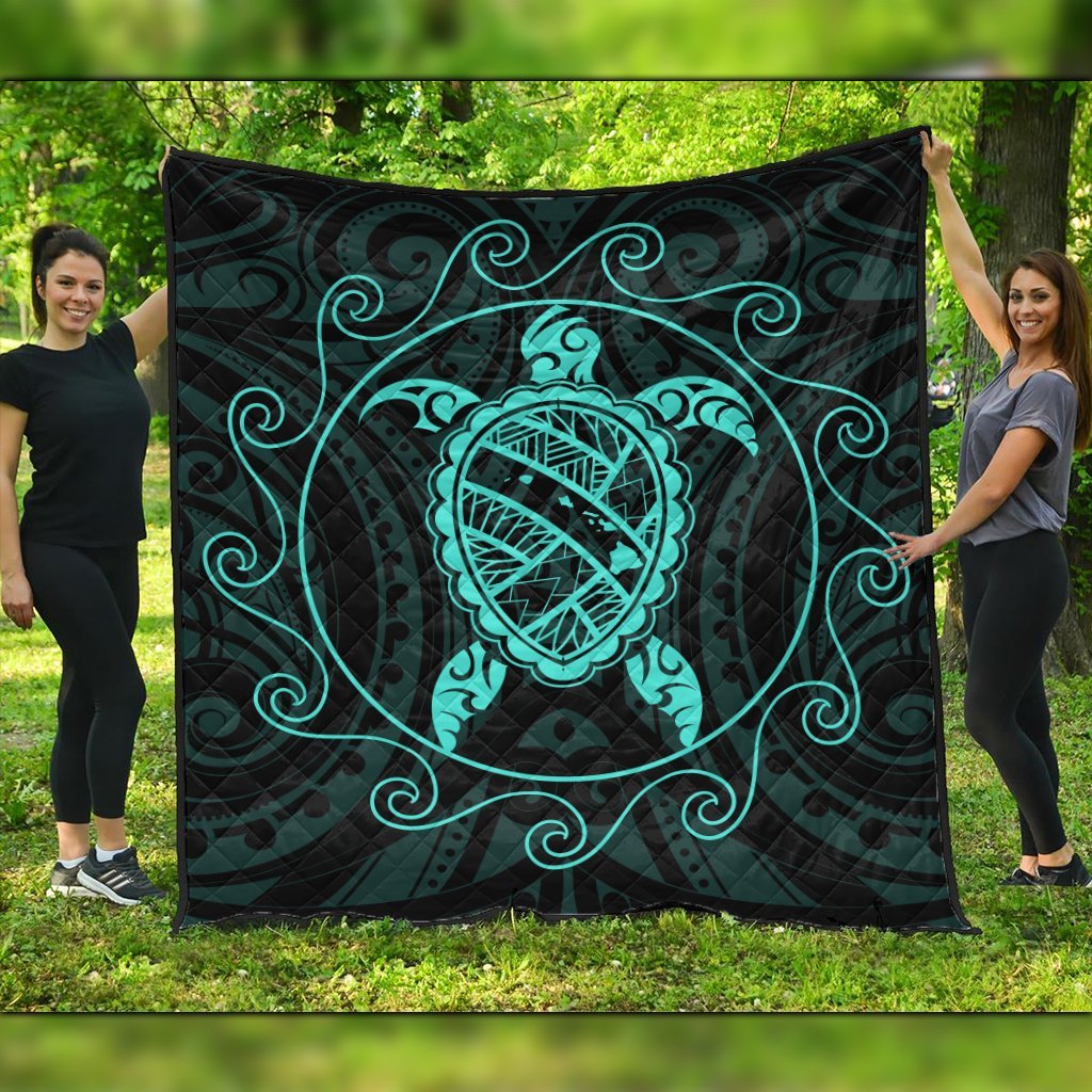 Hawaiian Map Turtle Wave Polynesian Premium Quilts Turquoise - AH Black - Polynesian Pride