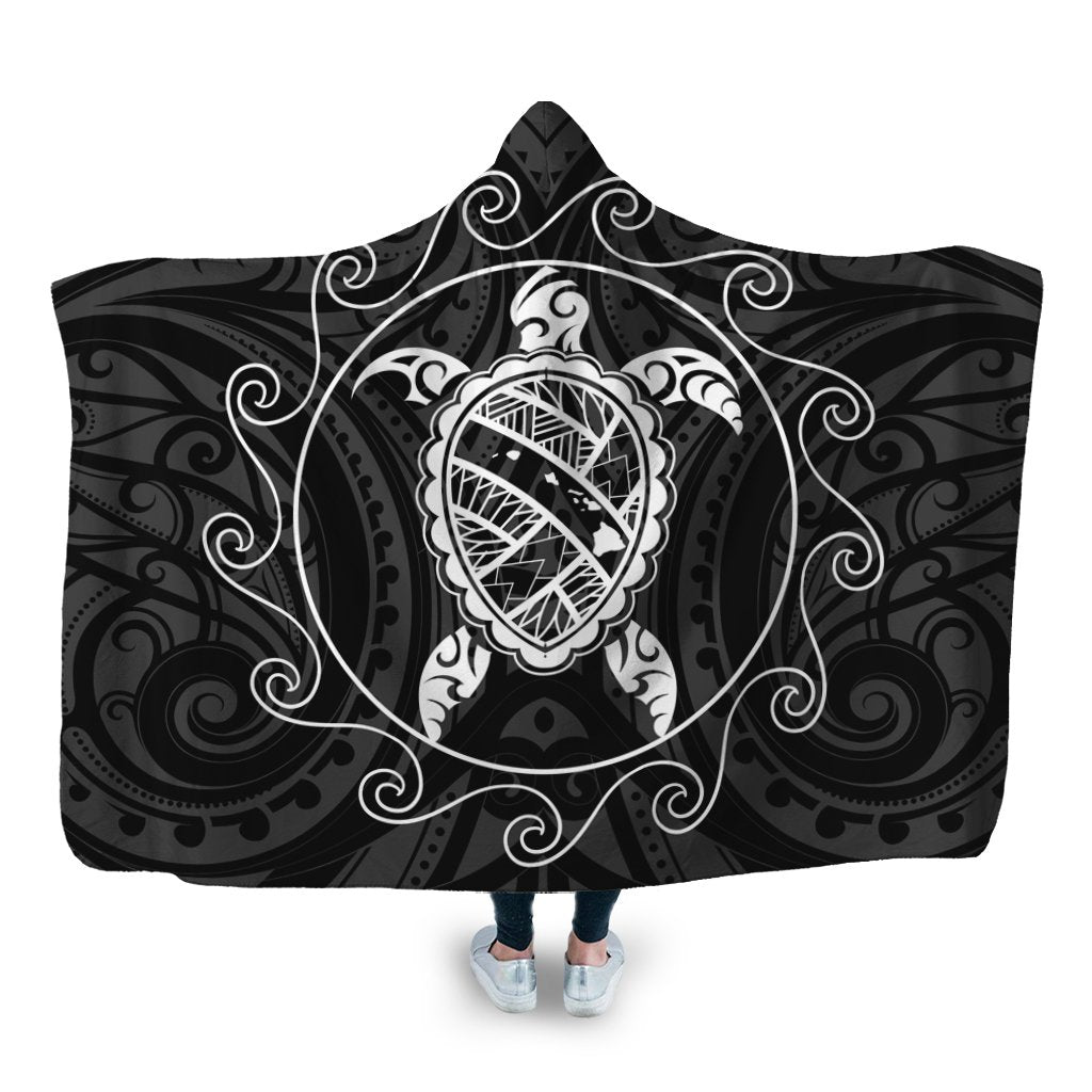 Hawaiian Map Turtle Wave Polynesian Hooded Blanket White - AH Hooded Blanket White - Polynesian Pride