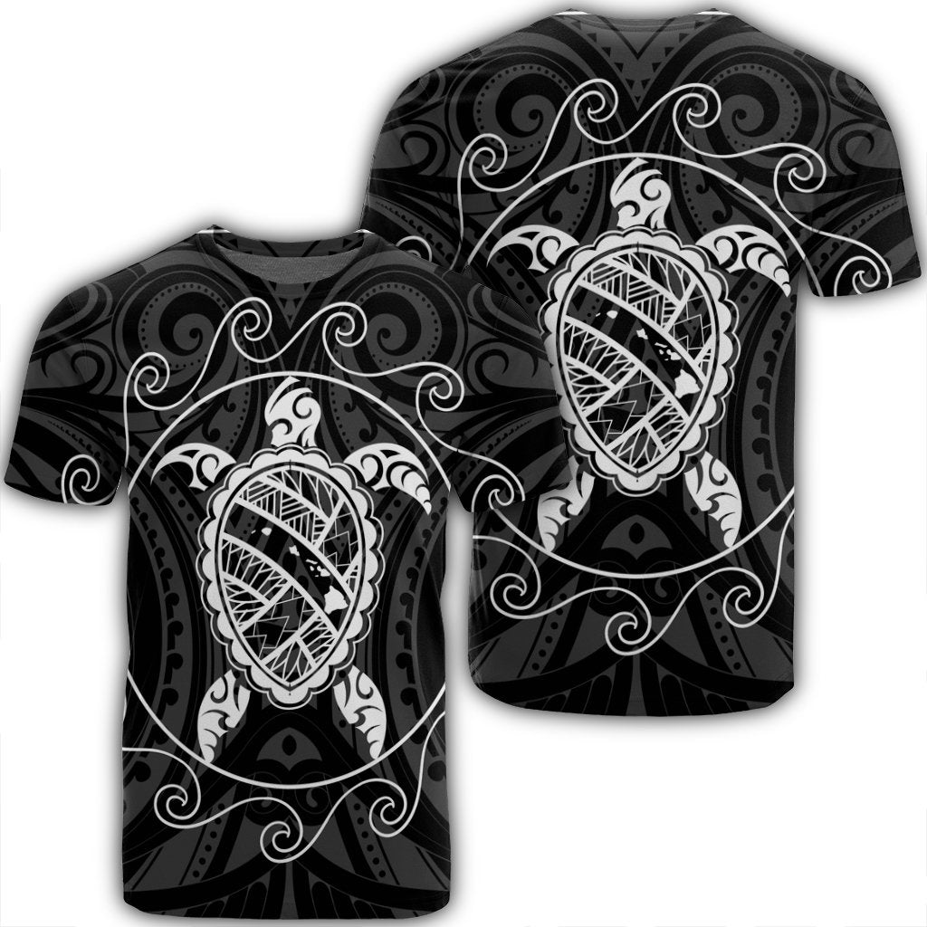 Hawaiian Map Turtle Wave Polynesian T Shirt White AH Unisex Black - Polynesian Pride