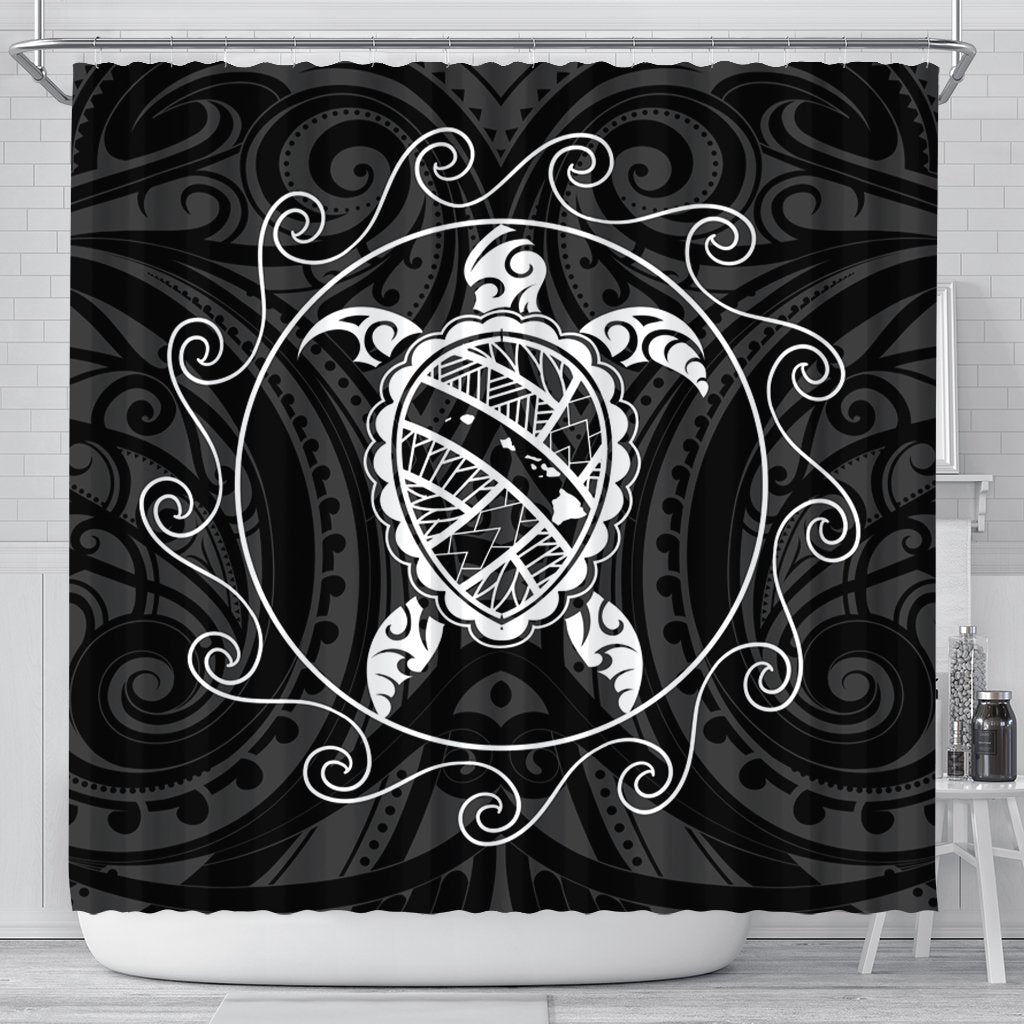 Hawaiian Map Turtle Wave Polynesian Shower Curtain White - AH 177 x 172 (cm) Black - Polynesian Pride