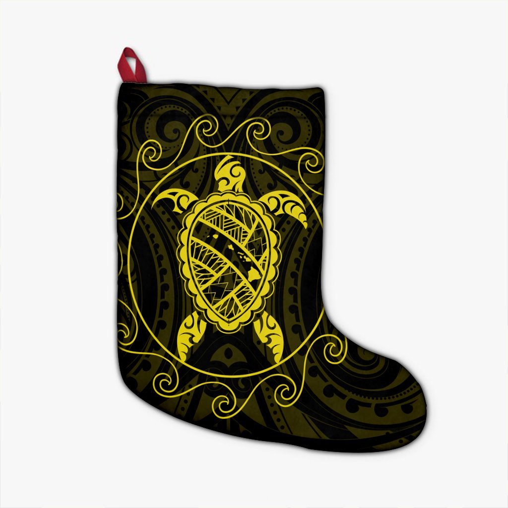 Hawaiian Map Turtle Wave Polynesian Christmas Stocking Yellow - AH Christmas Stocking 26 X 42 cm Black - Polynesian Pride