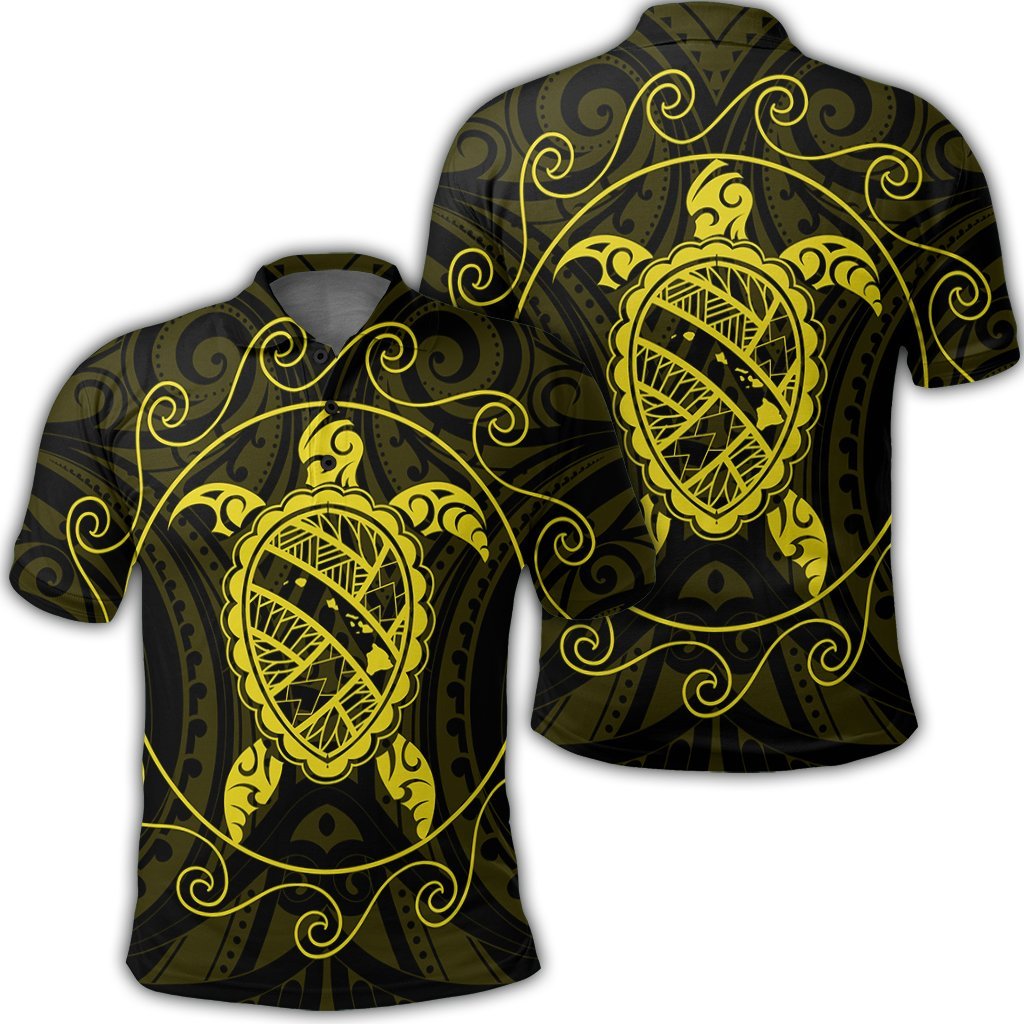 Hawaiian Map Turtle Wave Polynesian Polo Shirt Yellow Unisex Black - Polynesian Pride