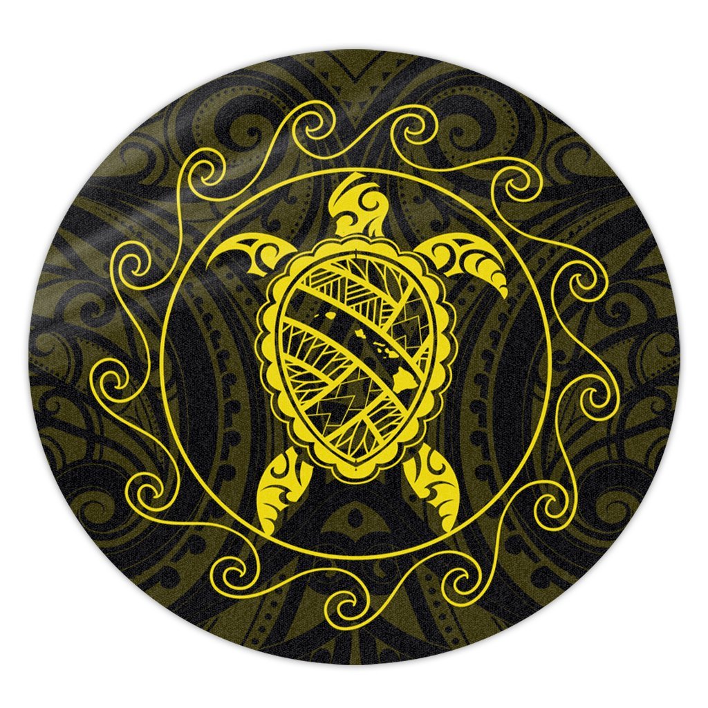 Hawaiian Map Turtle Wave Polynesian Round Carpet Yellow - AH Round Carpet Luxurious Plush - Polynesian Pride