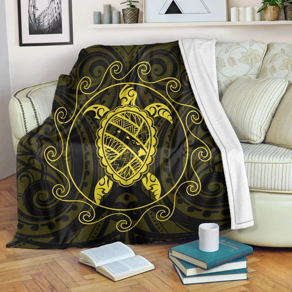 Hawaiian Map Turtle Wave Polynesian Premium Blankets Yellow - AH White - Polynesian Pride