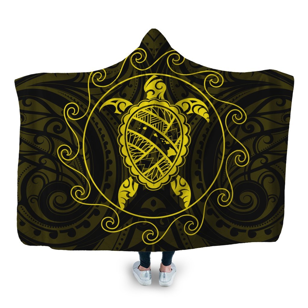 Hawaiian Map Turtle Wave Polynesian Hooded Blanket Yellow - AH Hooded Blanket White - Polynesian Pride