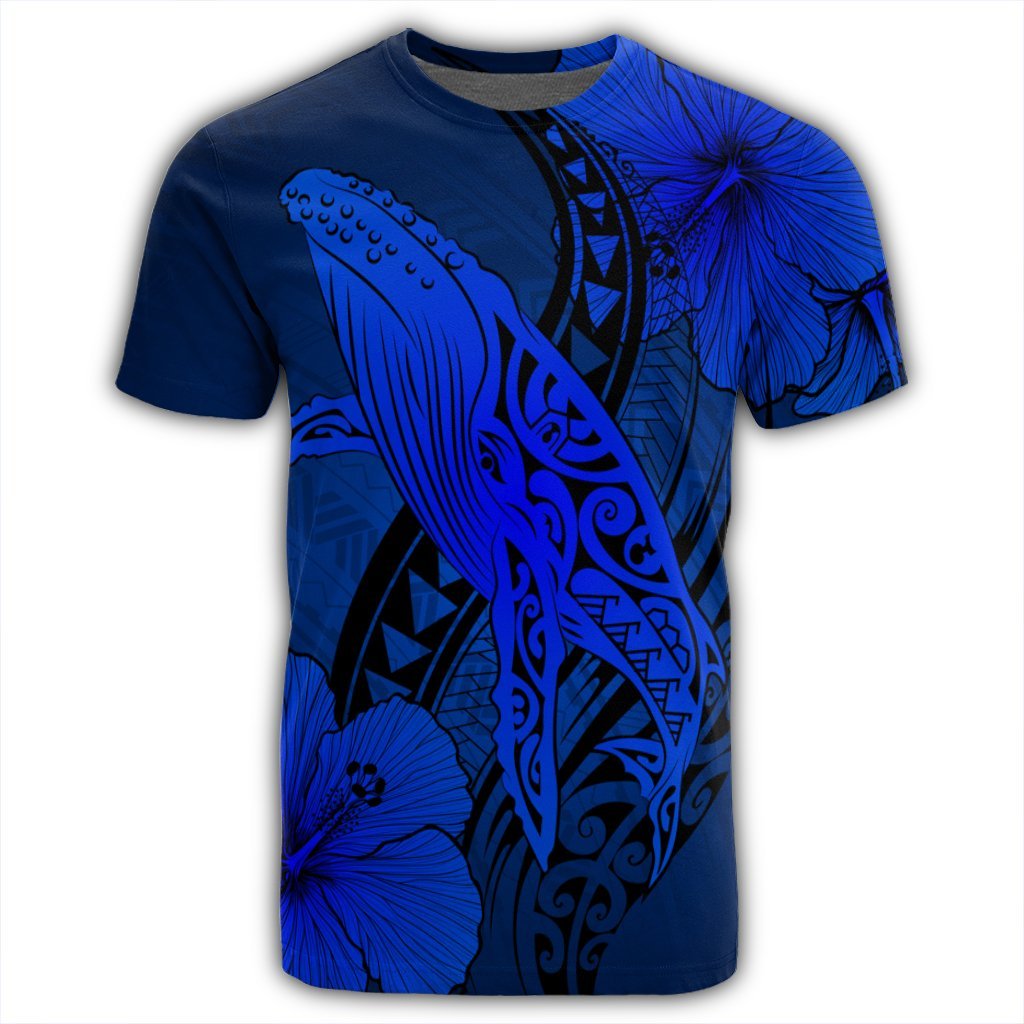 Hawaiian Map Whale Swim Hibiscus Polynesian T Shirt Blue AH - Polynesian Pride