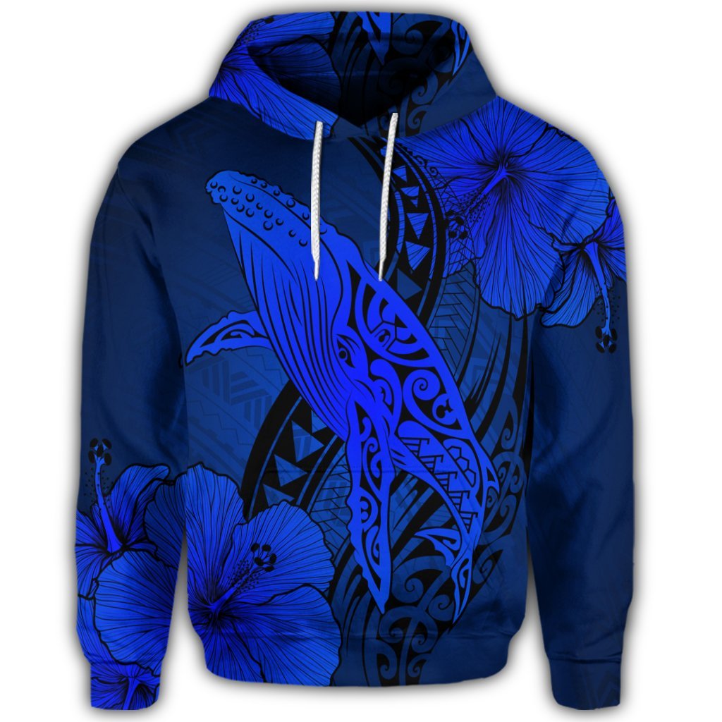 Hawaiian Map Whale Swim Hibiscus Polynesian Hoodie Blue - Polynesian Pride