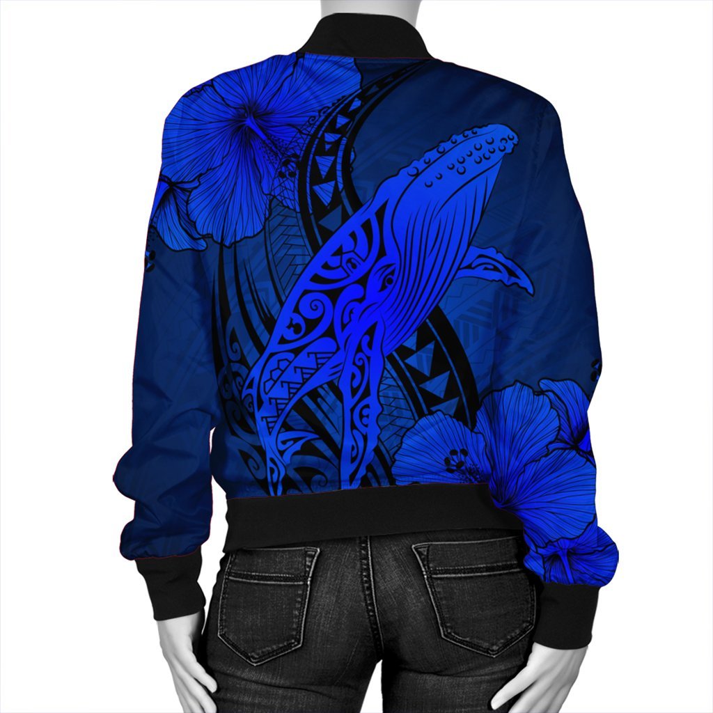 Hawaiian Map Whale Swim Hibiscus Polynesian Bomber Jacket - Blue - AH - Polynesian Pride