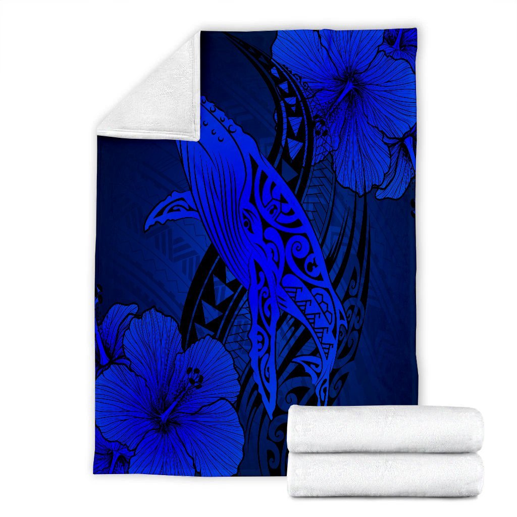 Hawaiian Map Whale Swim Hibiscus Polynesian Premium Blankets - Blue - AH - Polynesian Pride