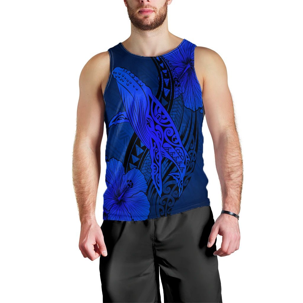 Hawaiian Map Whale Swim Hibiscus Polynesian Tank Top - Blue - AH Black - Polynesian Pride