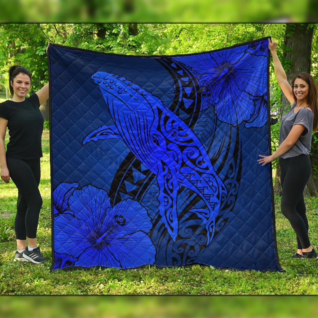 Hawaiian Map Whale Swim Hibiscus Polynesian Premium Quilts - Blue - AH Black - Polynesian Pride