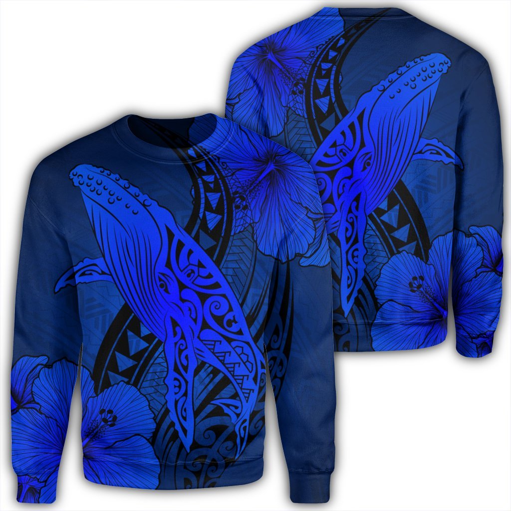 Hawaiian Map Whale Swim Hibiscus Polynesian Sweatshirt - Blue - AH Unisex Black - Polynesian Pride