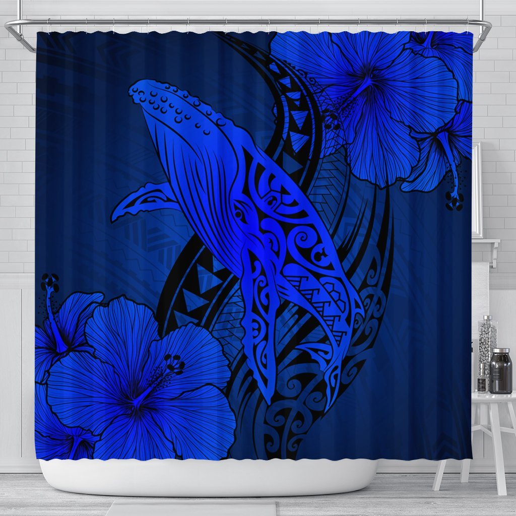 Hawaiian Map Whale Swim Hibiscus Polynesian Shower Curtain - Blue - AH 177 x 172 (cm) Black - Polynesian Pride