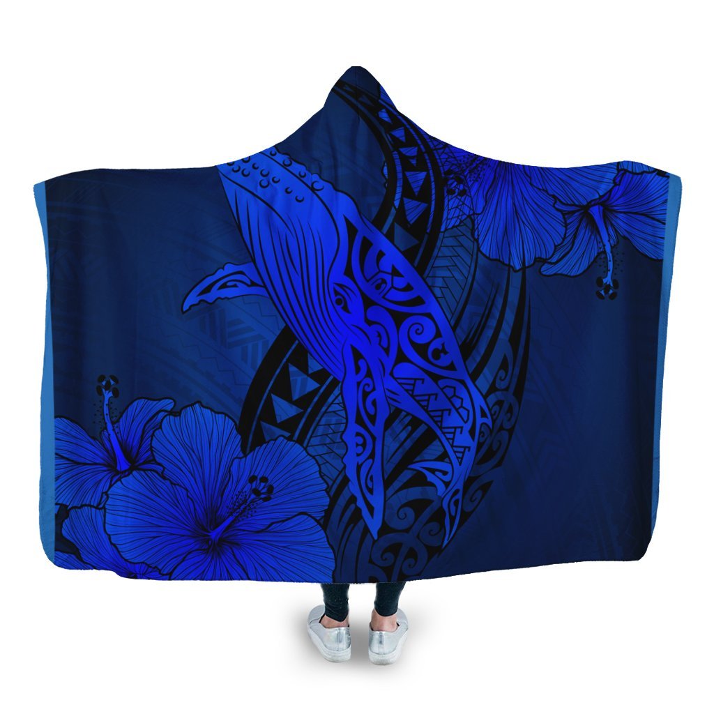 Hawaiian Map Whale Swim Hibiscus Polynesian Hooded Blanket - Blue - AH Hooded Blanket White - Polynesian Pride