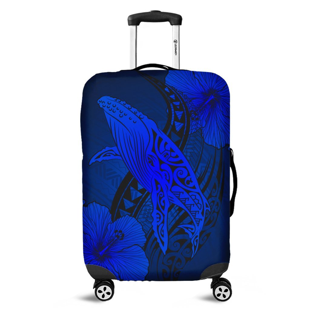 Hawaiian Map Whale Swim Hibiscus Polynesian Luggage Covers - Blue - AH Black - Polynesian Pride