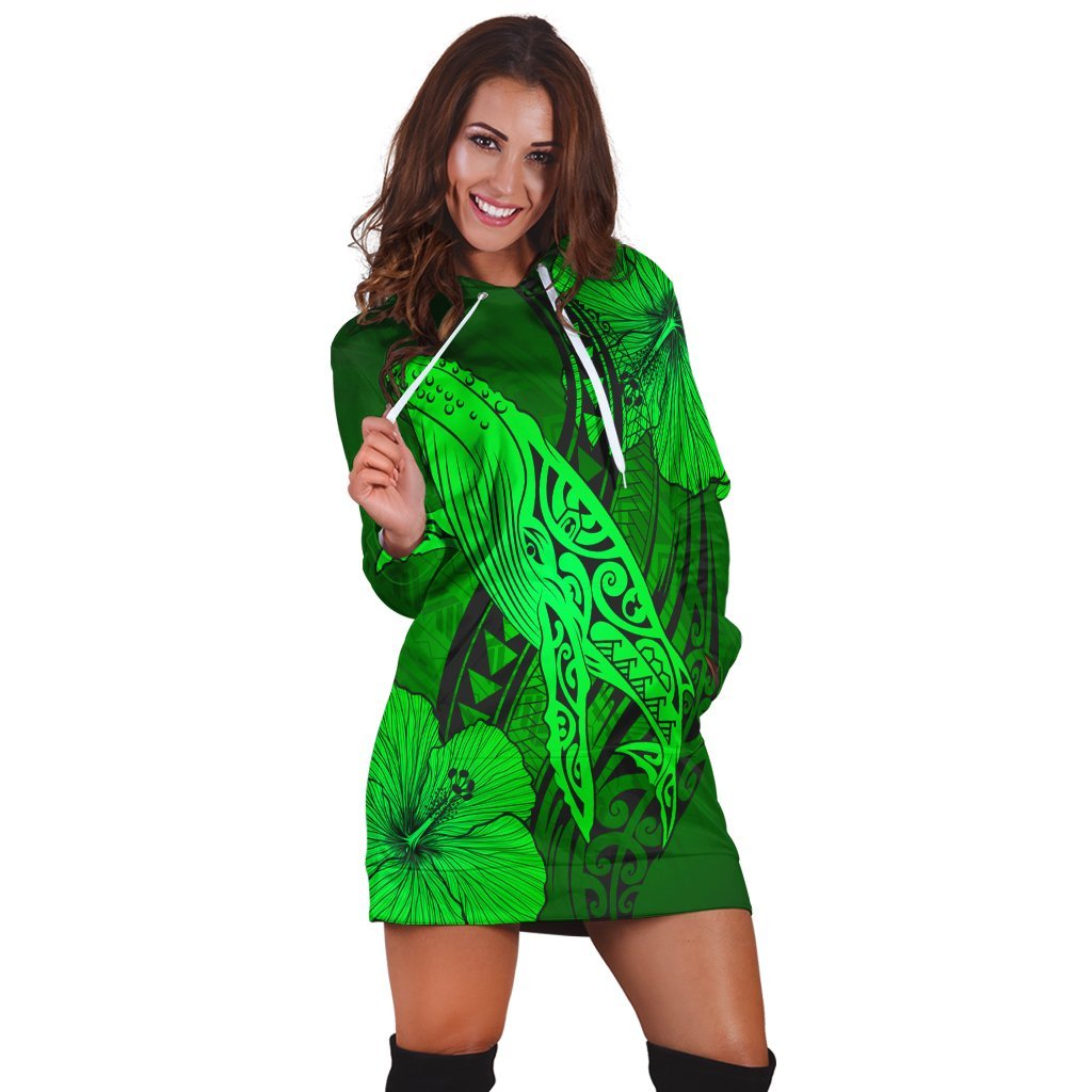 Hawaiian Map Whale Swim Hibiscus Polynesian Hoodie Dress - Green - AH - Polynesian Pride