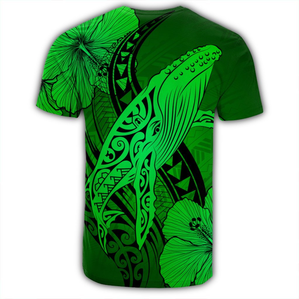 Hawaiian Map Whale Swim Hibiscus Polynesian T Shirt Green AH - Polynesian Pride