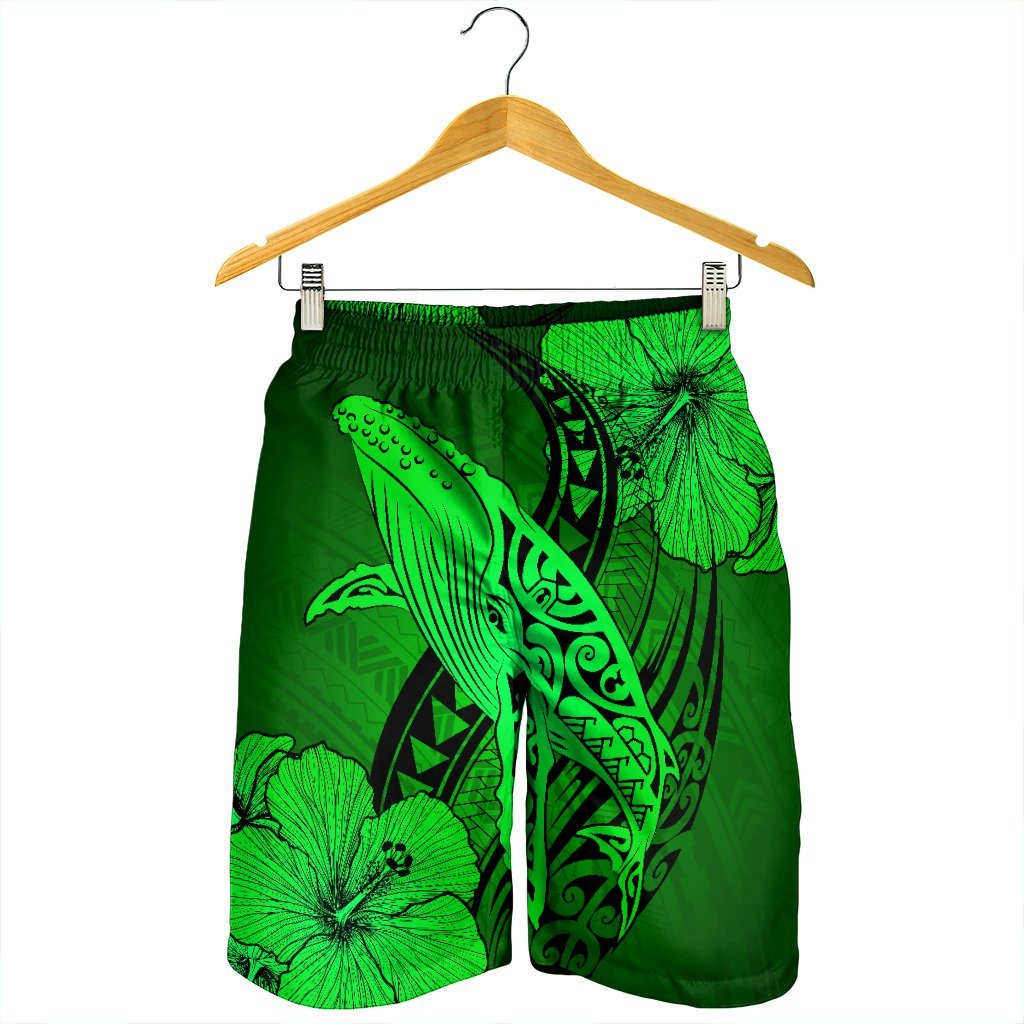 Hawaiian Map Whale Swim Hibiscus Polynesian Men's Shorts - Green - AH - Polynesian Pride