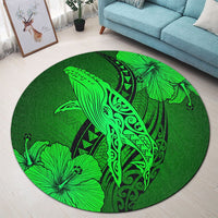 Hawaiian Map Whale Swim Hibiscus Polynesian Round Carpet - Green - AH - Polynesian Pride