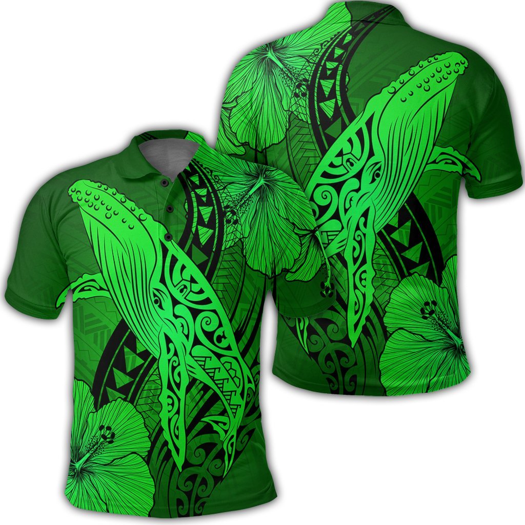 Hawaiian Map Whale Swim Hibiscus Polynesian Polo Shirt Green Unisex Black - Polynesian Pride