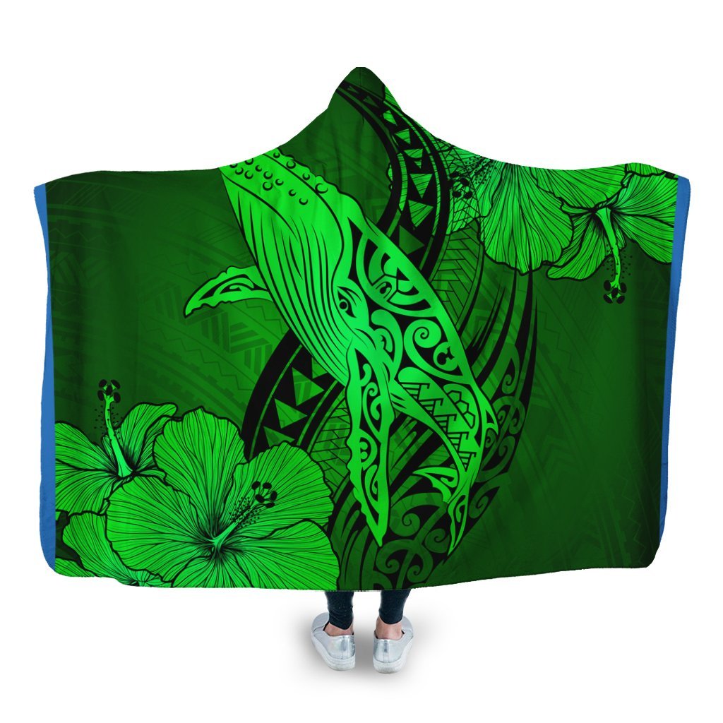 Hawaiian Map Whale Swim Hibiscus Polynesian Hooded Blanket - Green - AH Hooded Blanket White - Polynesian Pride