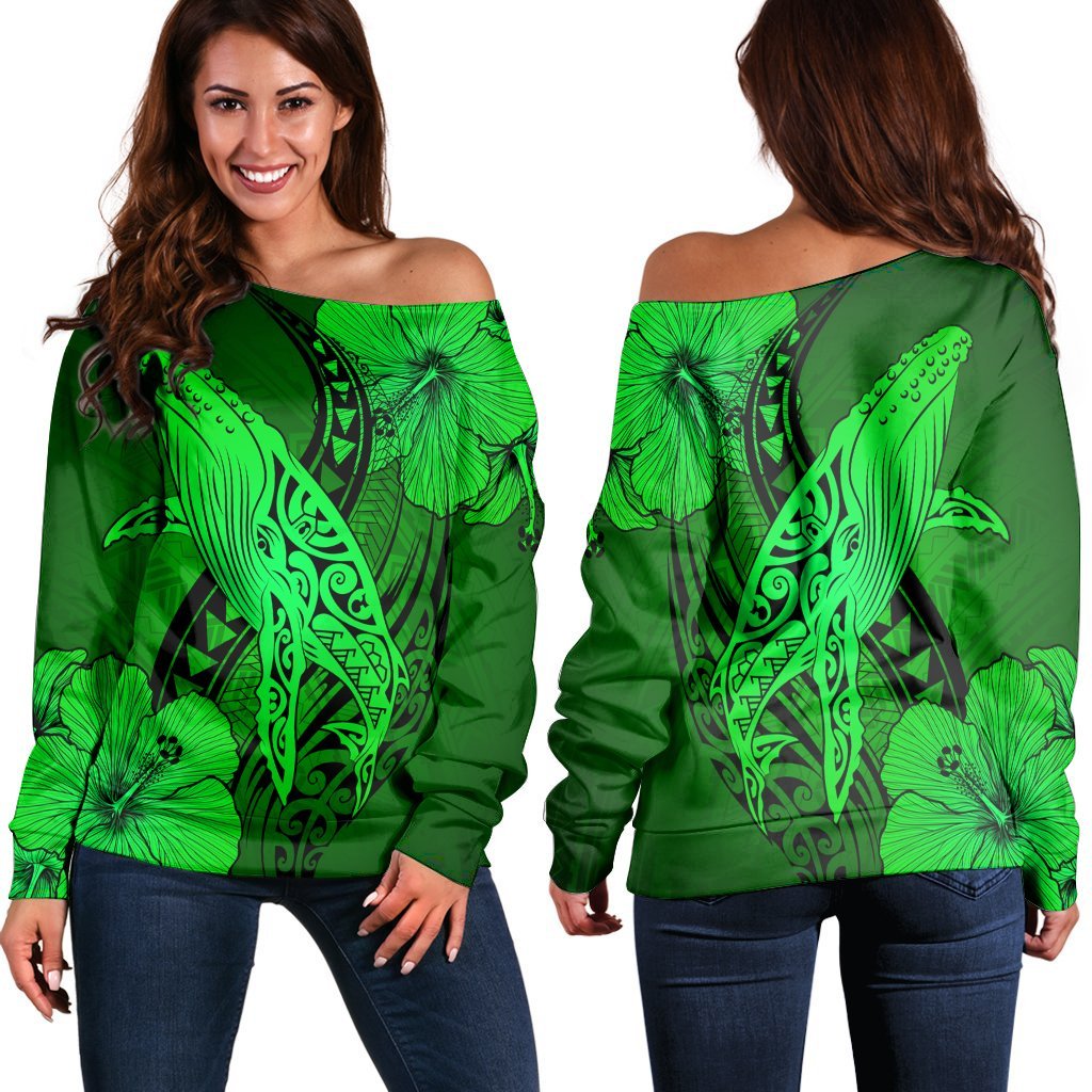 Hawaiian Map Whale Swim Hibiscus Polynesian Women's Off Shoulder Sweater - Green - AH Black - Polynesian Pride