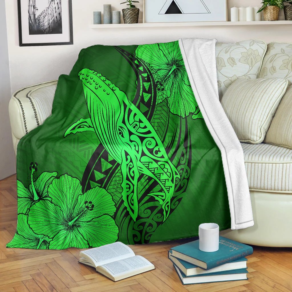 Hawaiian Map Whale Swim Hibiscus Polynesian Premium Blankets - Green - AH White - Polynesian Pride