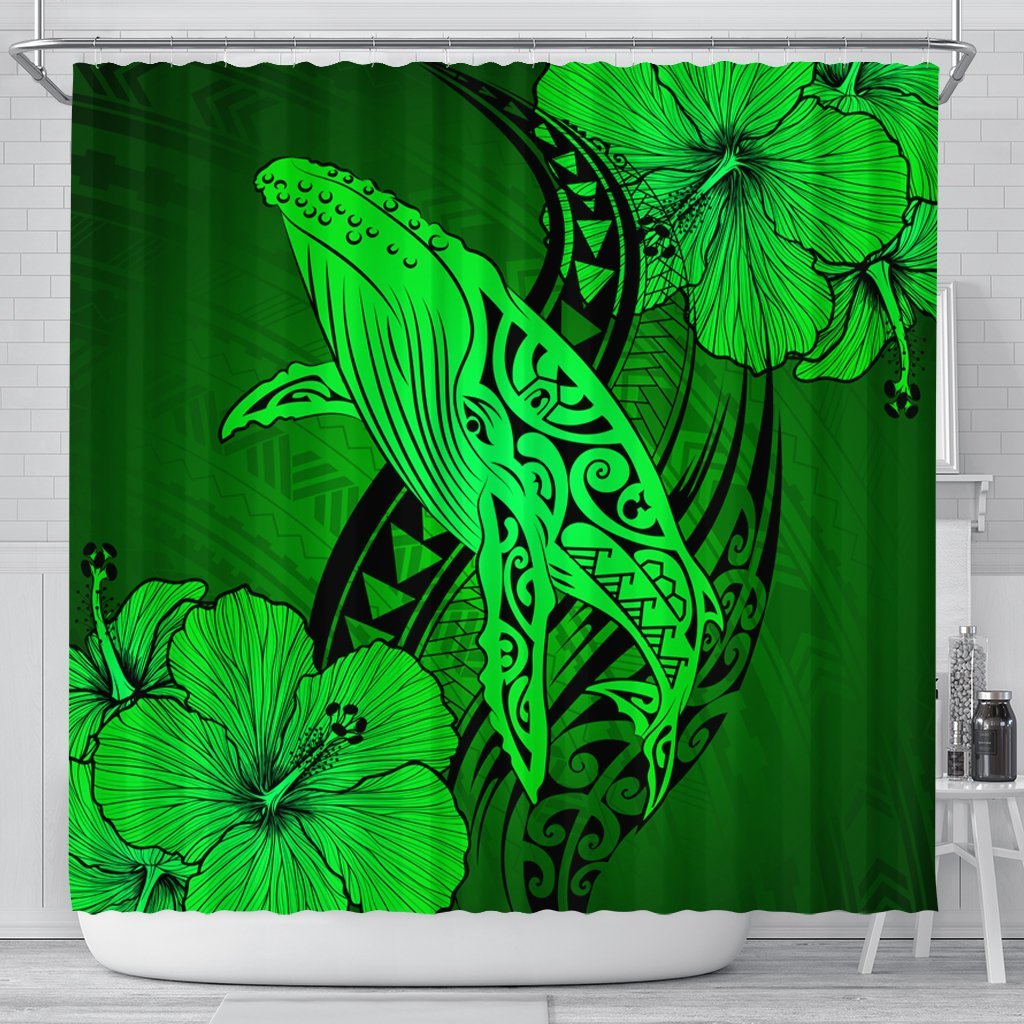 Hawaiian Map Whale Swim Hibiscus Polynesian Shower Curtain - Green - AH 177 x 172 (cm) Black - Polynesian Pride