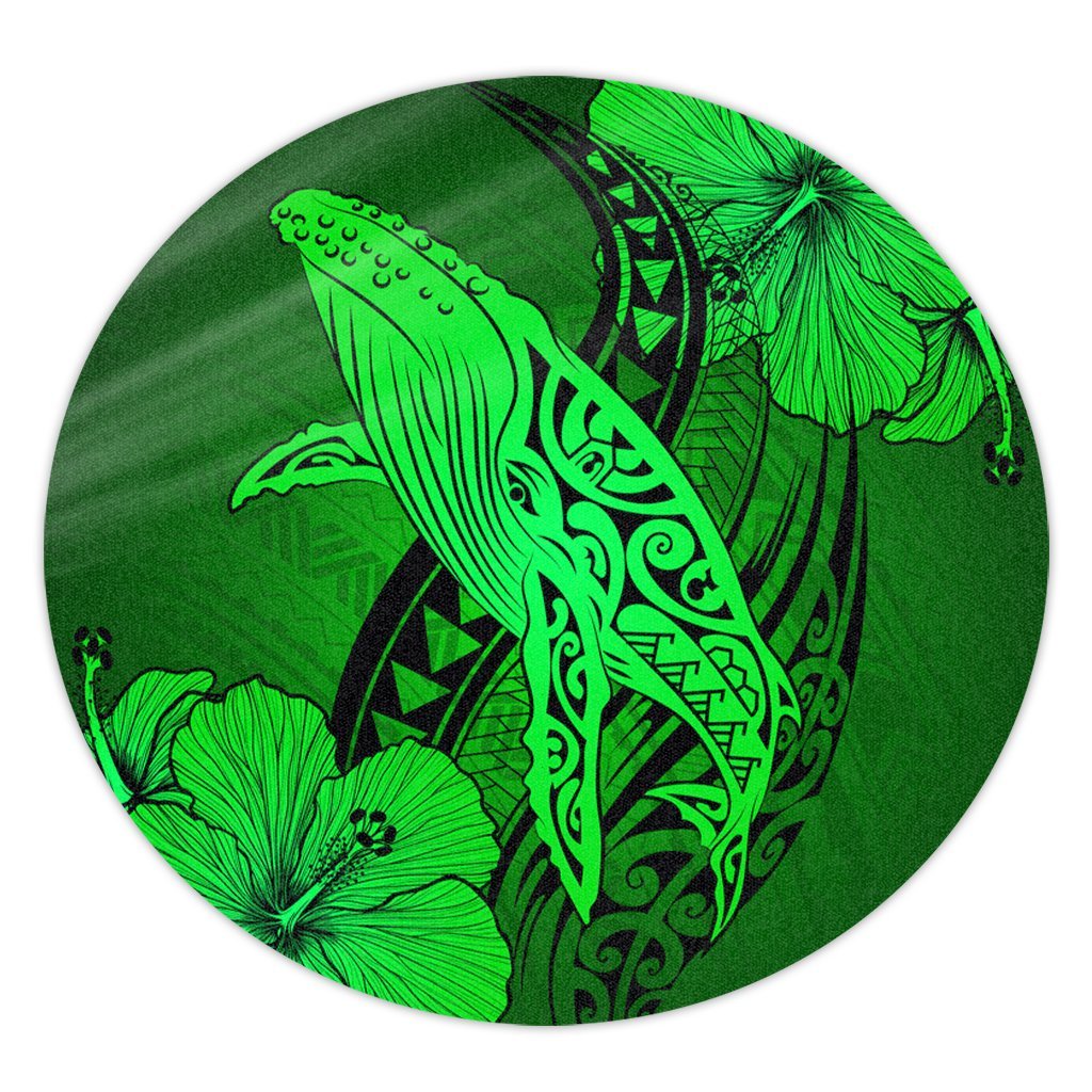 Hawaiian Map Whale Swim Hibiscus Polynesian Round Carpet - Green - AH Round Carpet Luxurious Plush - Polynesian Pride