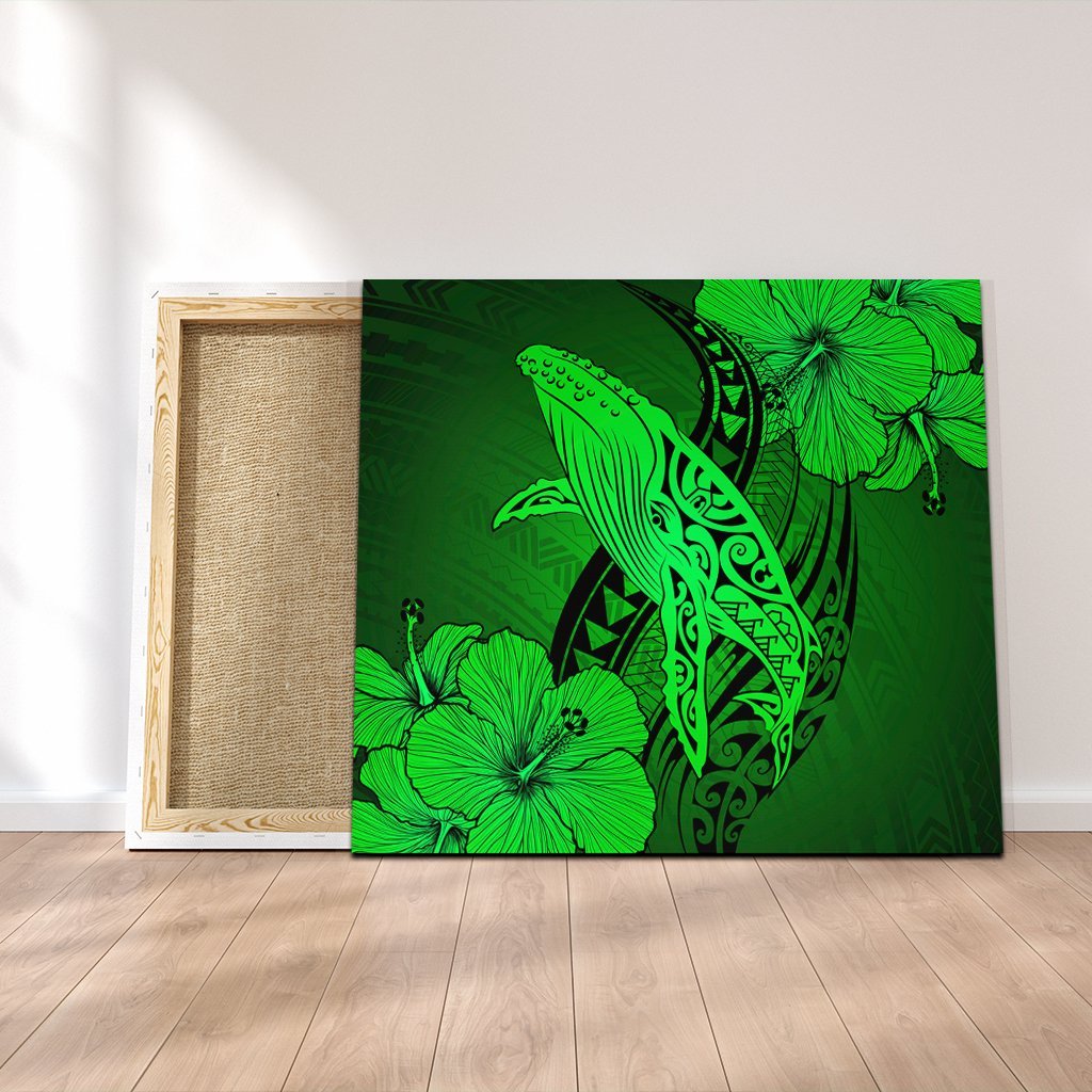 Hawaiian Map Whale Swim Hibiscus Polynesian Canvas - Green - AH Canvas Poly-cotton - Polynesian Pride
