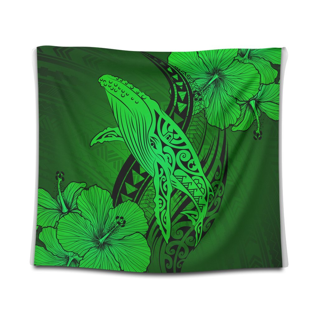 Hawaiian Map Whale Swim Hibiscus Polynesian Tapestry - Green - AH Wall Tapestry Black - Polynesian Pride