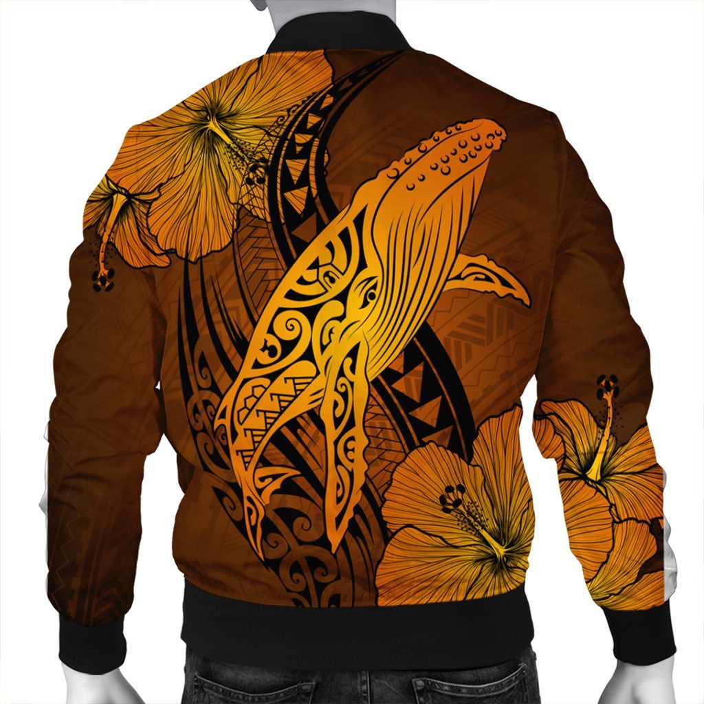 Hawaiian Map Whale Swim Hibiscus Polynesian Bomber Jacket - Orange - AH - Polynesian Pride