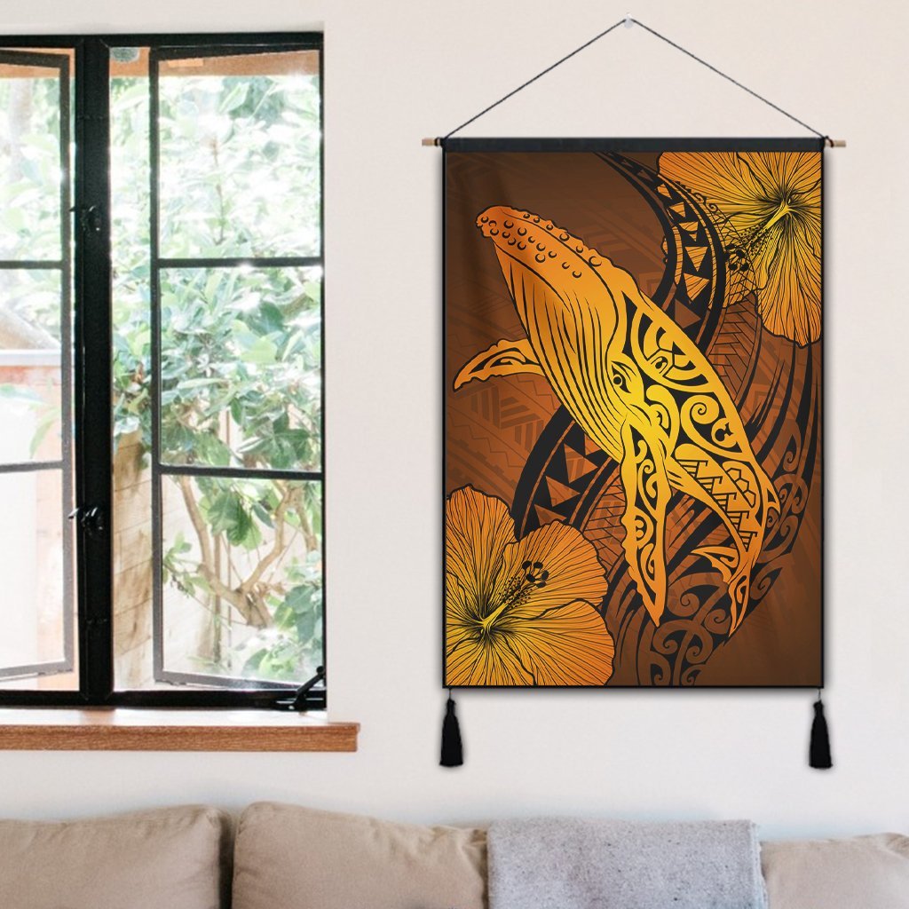 Hawaiian Map Whale Swim Hibiscus Polynesian Hanging Poster - Orange - AH - Polynesian Pride