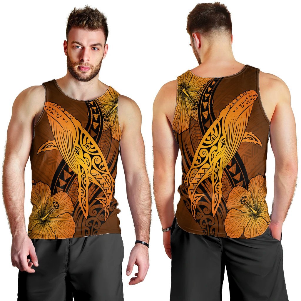 Hawaiian Map Whale Swim Hibiscus Polynesian Tank Top - Orange - AH - Polynesian Pride
