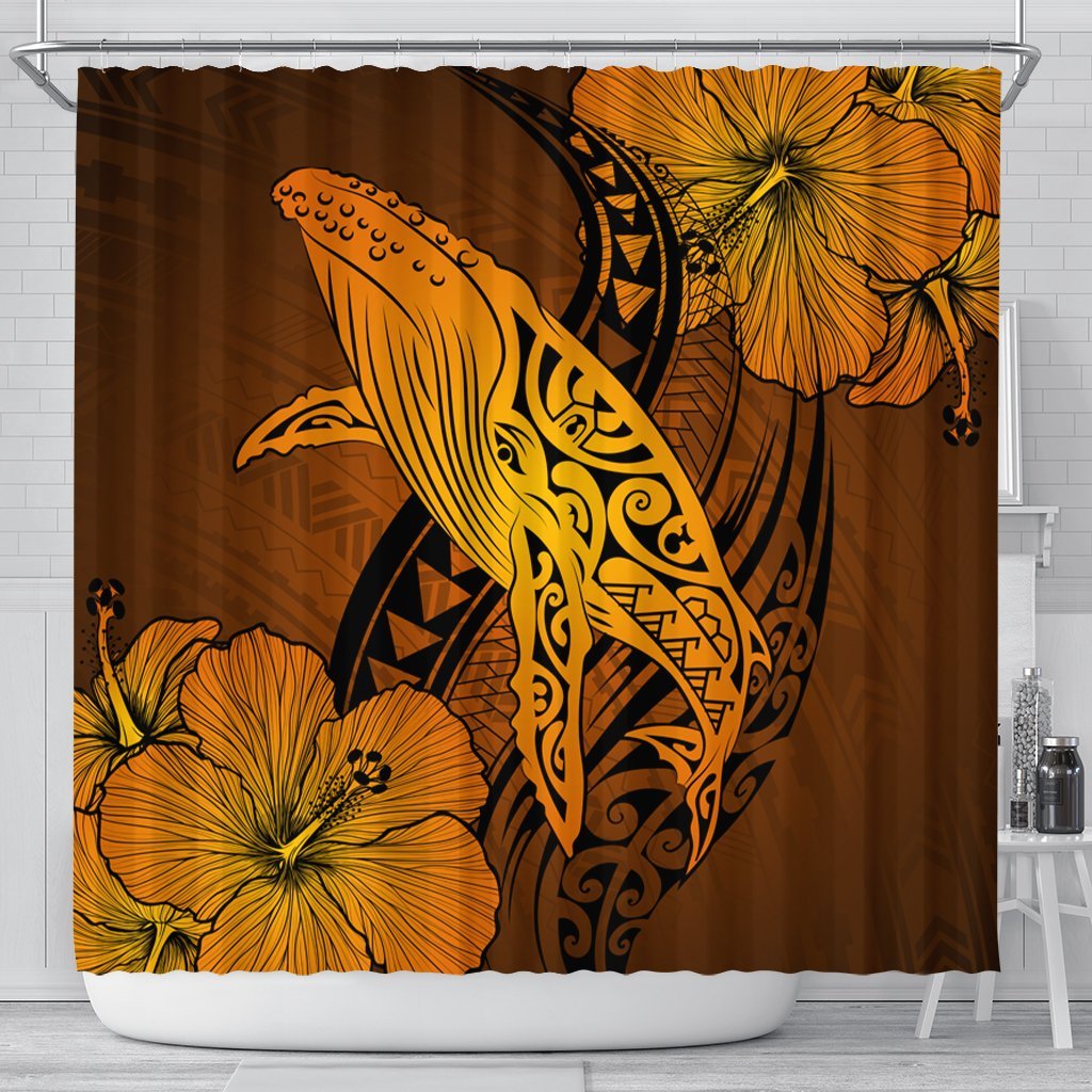 Hawaiian Map Whale Swim Hibiscus Polynesian Shower Curtain - Orange - AH 177 x 172 (cm) Black - Polynesian Pride