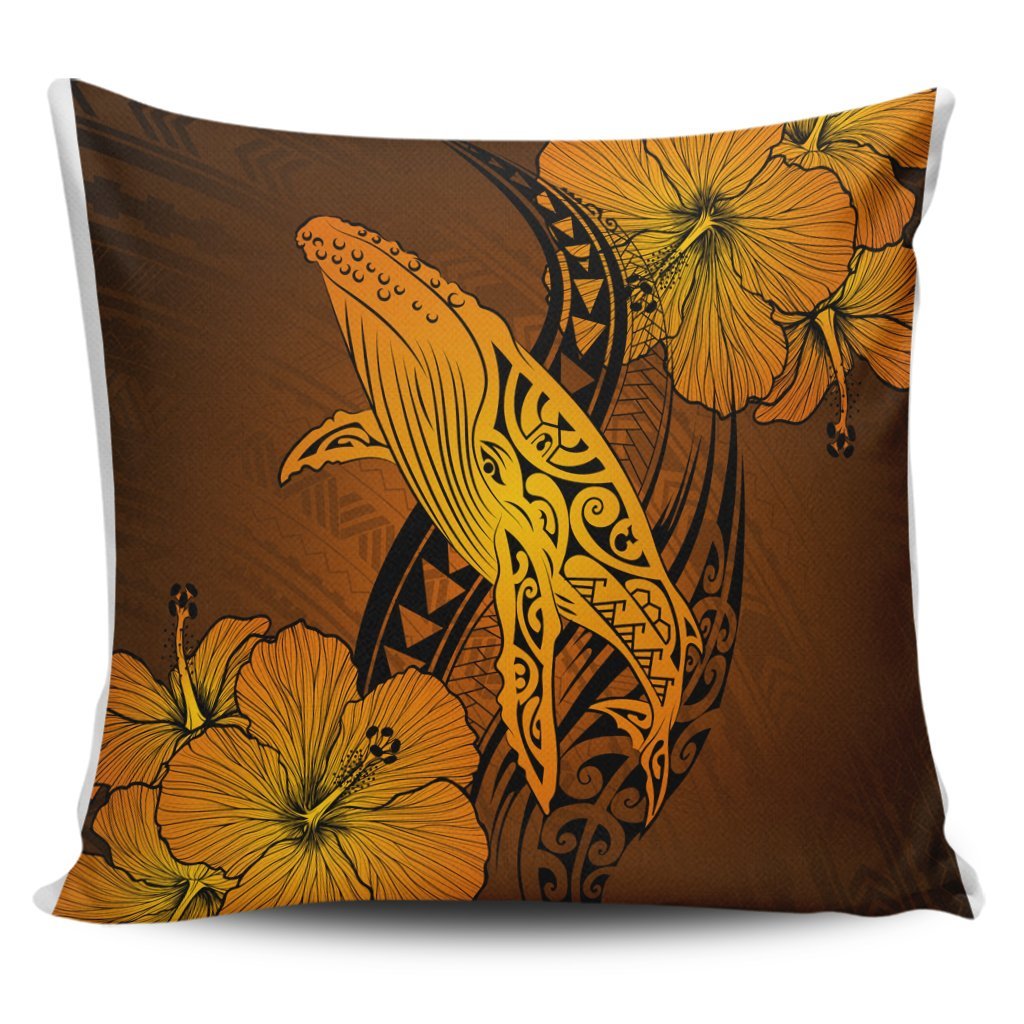 Hawaiian Map Whale Swim Hibiscus Polynesian Pillow Covers - Orange - AH Pillow Covers Black - Polynesian Pride